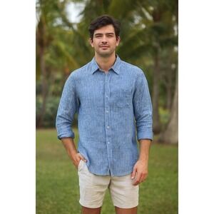 Tommy Bahama Men's 100% Linen Long Sleeve Striped Dress Shirt Blue Size L EUC